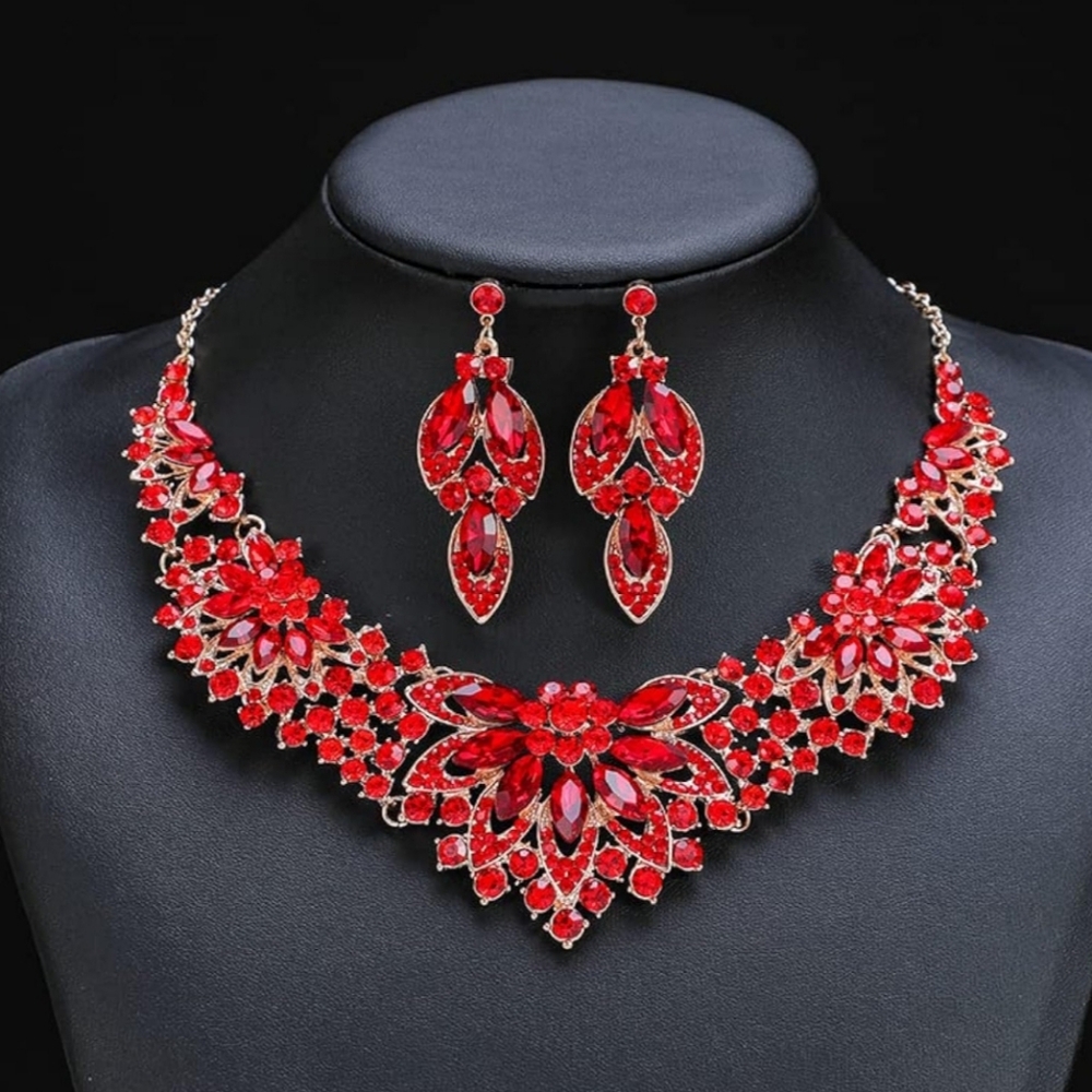 NEW Necklace and Crystal Earrings Cluster Flower Jewelry Set Red Gold